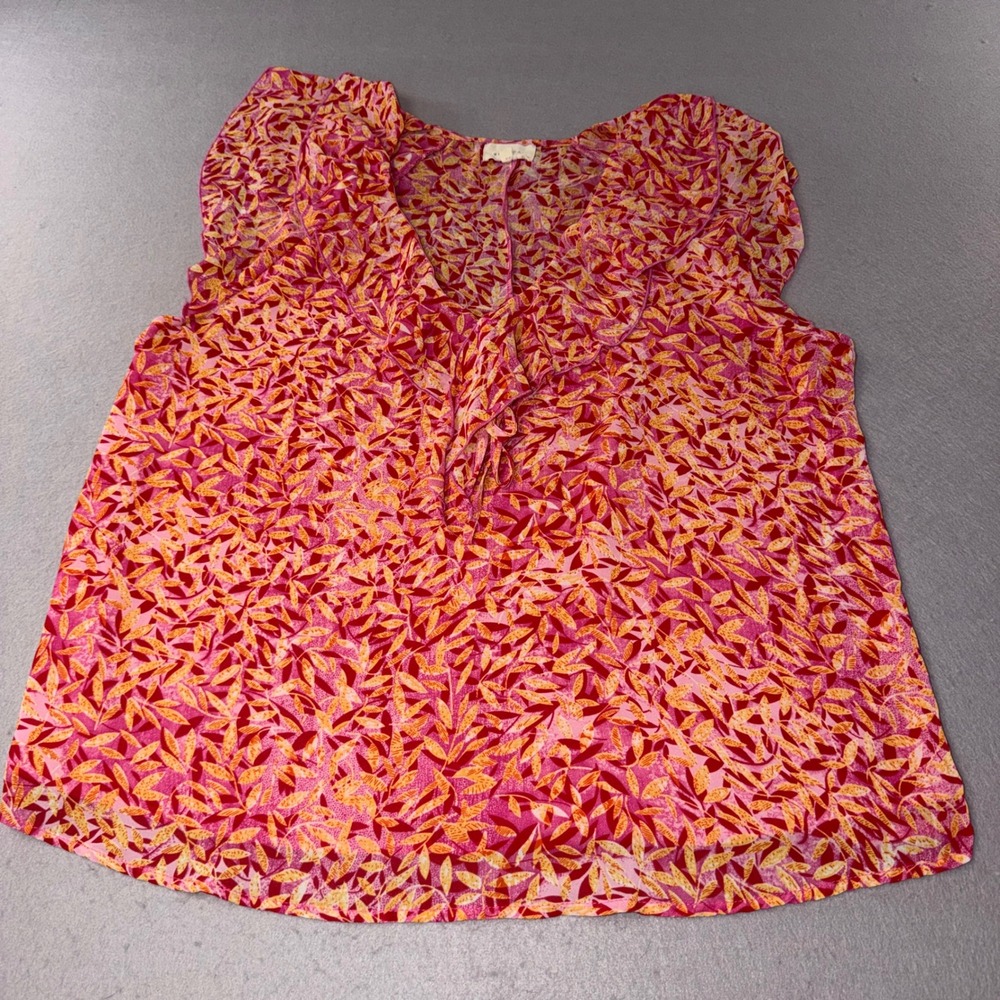 Melloday Blouse Womens Large Pink Orange Leaf Print Ruffle V-Neck Sleeveless Top